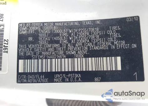 2010 Toyota Tundra Grade 4.6L V8 z USA, uszkodzony, nr VIN 5TFEM5F14AX014614